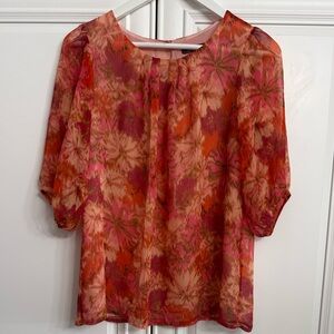 Wanko Size 36 Medium 3/4 Sleeve Flowy Blouse Scoop Neck Orange Pink Purple Print